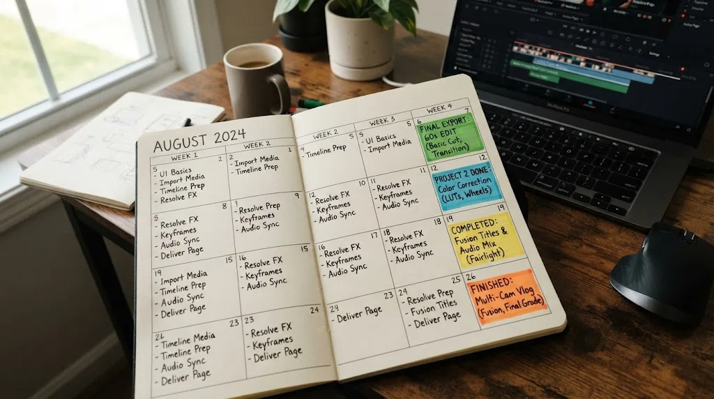 Illustration of a four-week beginner plan for DaVinci Resolve with a finished project each week