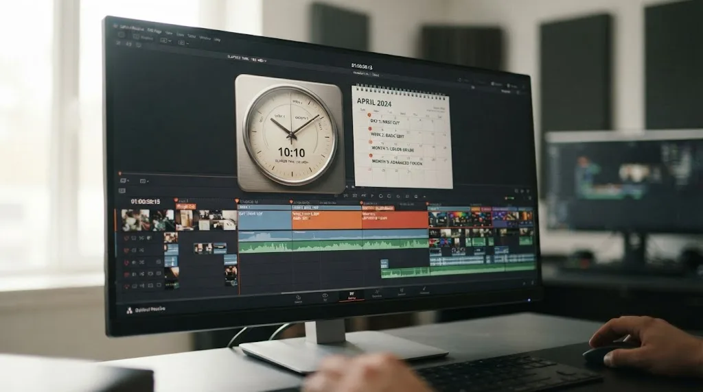 Illustration of a timeline showing stages of learning DaVinci Resolve from first cut to advanced grading