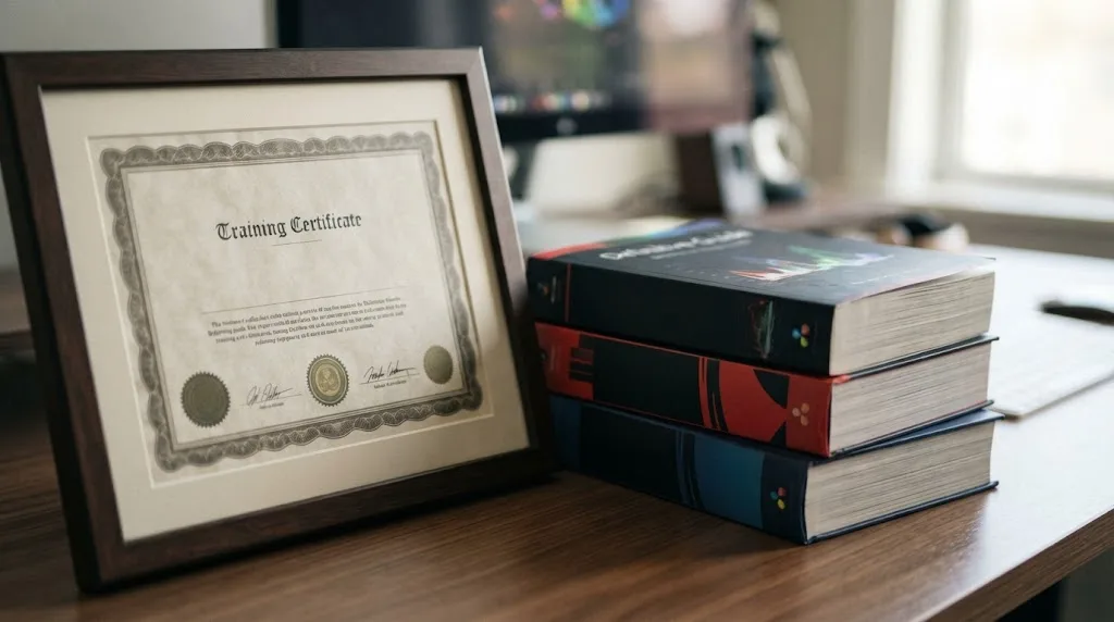 Illustration of a certificate and training materials representing DaVinci Resolve's official trainer network