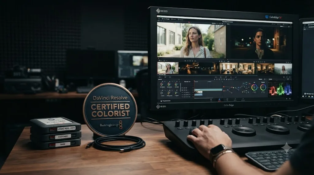 Illustration of a DaVinci Resolve colorist certification badge next to a demo reel on a monitor
