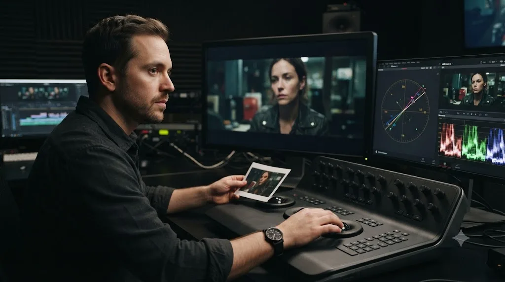 Illustration of a colorist developing a trained eye by studying color balance against a vectorscope