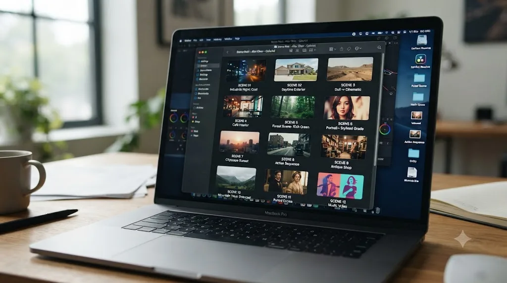 Illustration of a colorist demo reel structured as short before-and-after case studies
