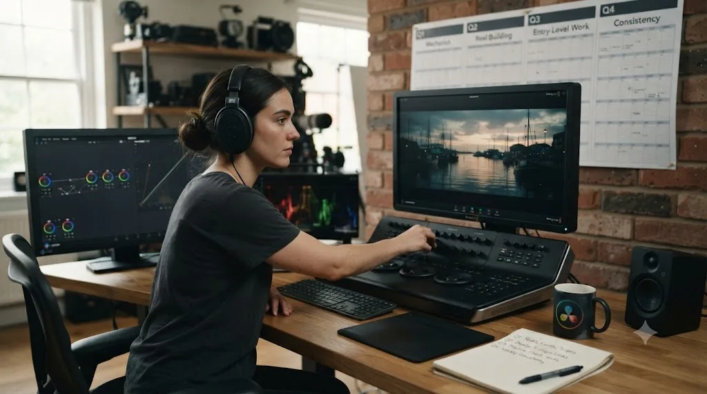 Illustration of a four-quarter first-year plan for someone becoming a colorist with DaVinci Resolve