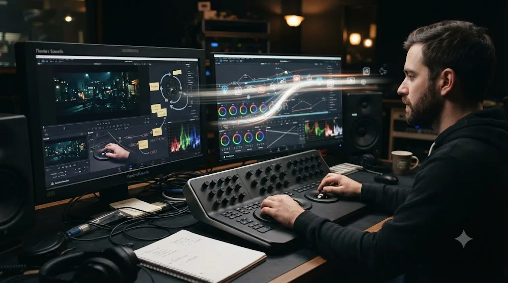 Illustration of two learning tracks for DaVinci Resolve, mechanical skill and professional judgment, moving at different speeds