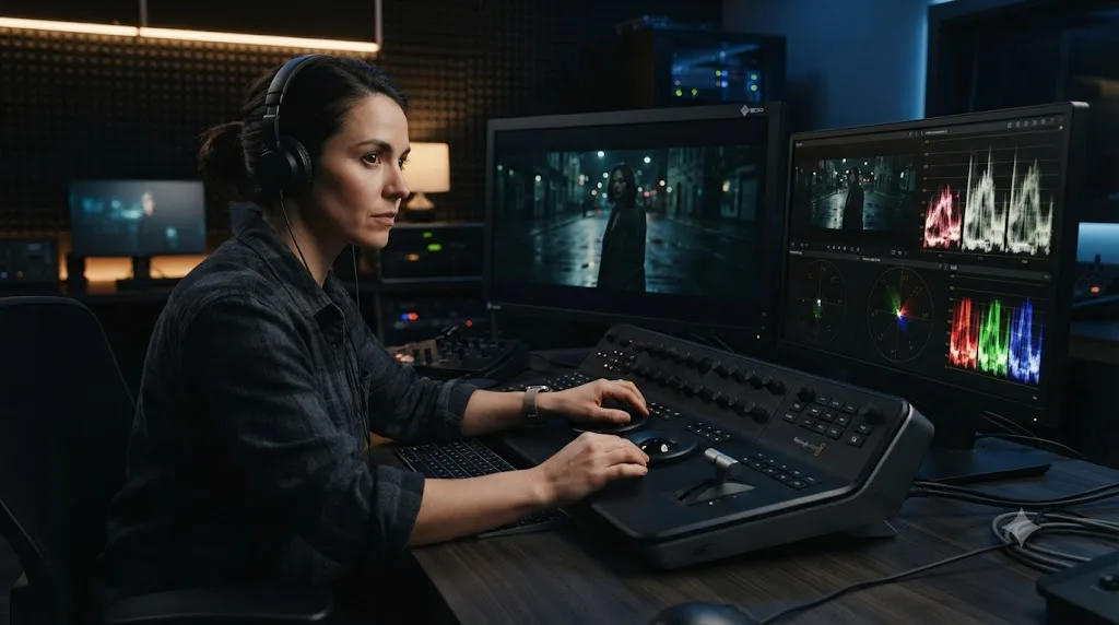 Illustration of a colorist checking a grade against the waveform and vectorscope instead of trusting the monitor