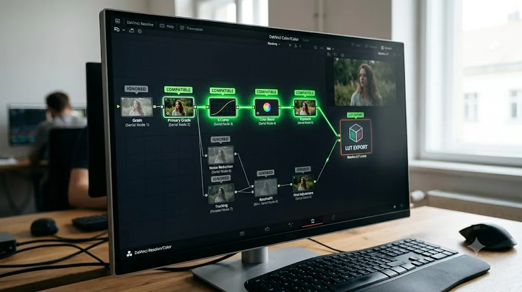 Illustration of a DaVinci Resolve node graph showing which node types bake into a LUT export and which get ignored