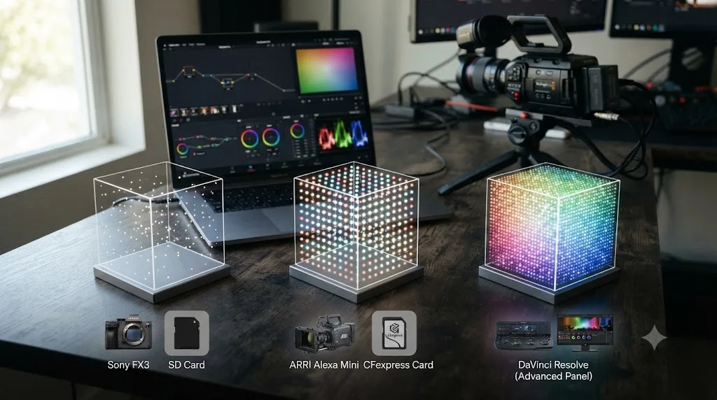 Illustration comparing 17-point, 33-point, and 65-point LUT cube grid sizes next to their typical destinations