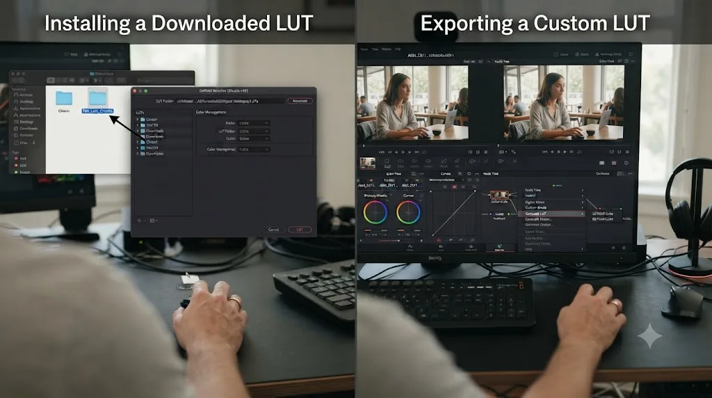Illustration comparing installing a downloaded LUT with exporting a custom LUT from a hand-built grade in DaVinci Resolve