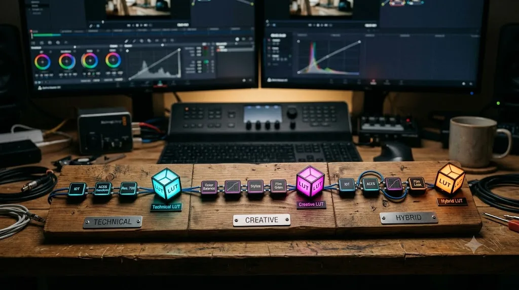 Illustration comparing technical, creative, and hybrid LUT node chains in DaVinci Resolve