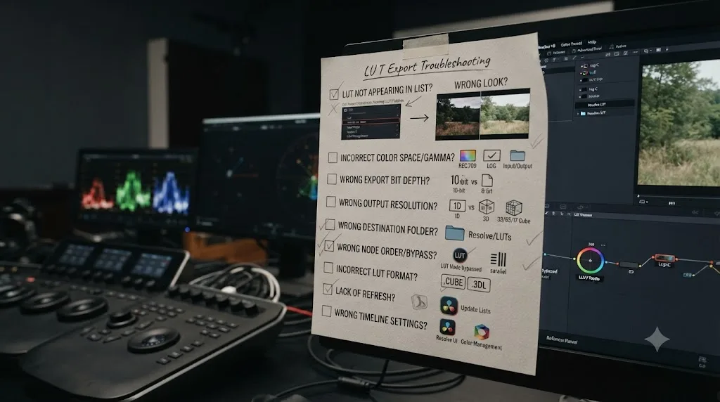 Illustration of a troubleshooting checklist for custom LUT exports that look wrong or fail to appear in DaVinci Resolve