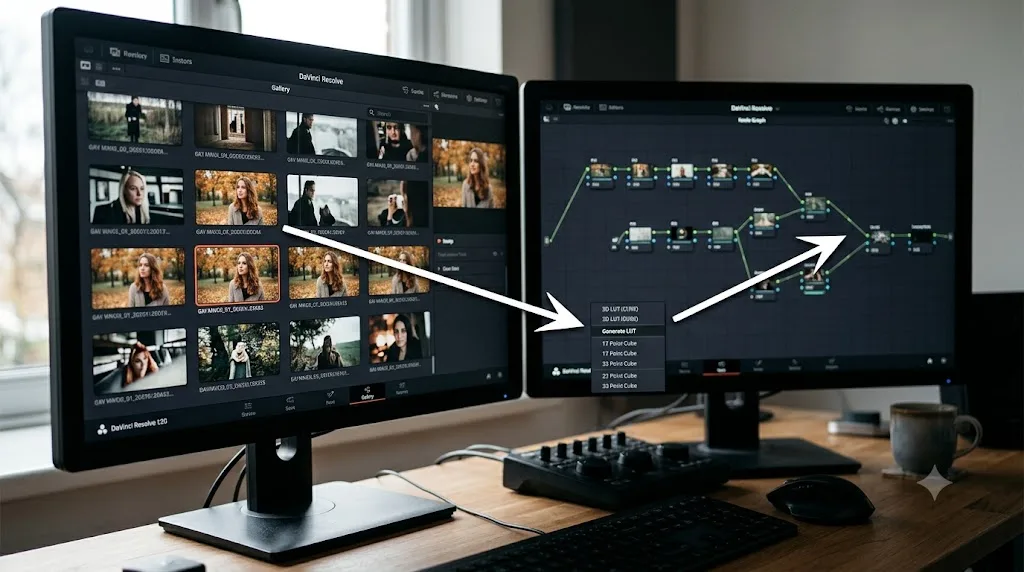 Illustration of two paths, a graded still and a node graph, both leading to DaVinci Resolve's Generate LUT menu