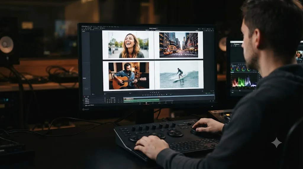 Illustration of a solid color background creating borders between split screen panels in DaVinci Resolve
