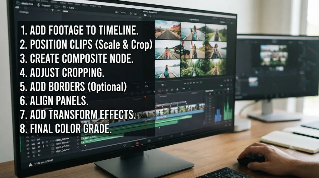 Illustration of a step-by-step checklist for building a split screen in DaVinci Resolve
