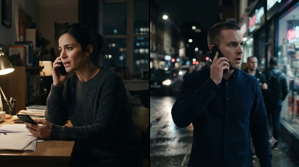 Illustration of a narrative split screen phone call scene, a technique used by directors like David Fincher
