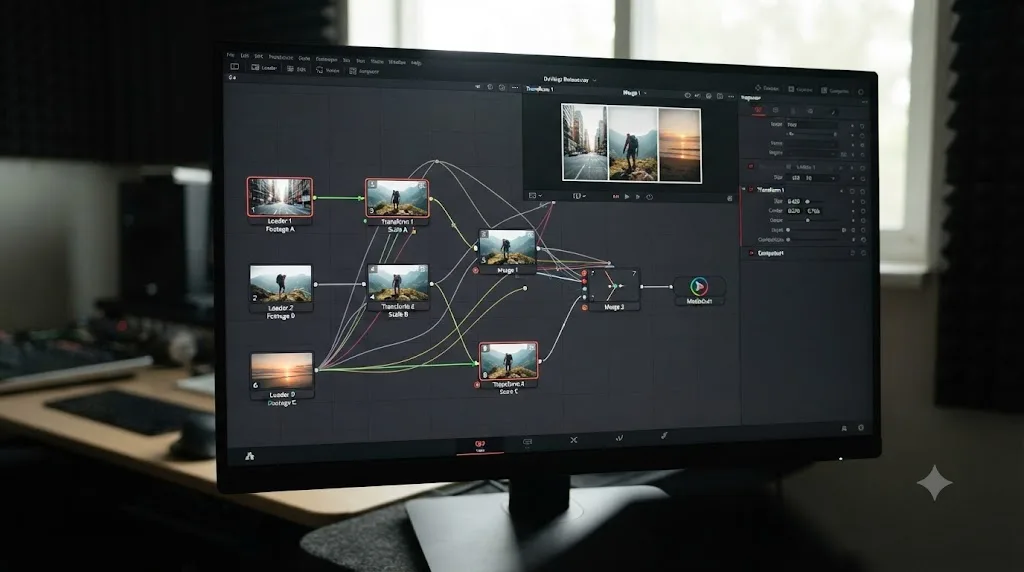 Illustration of a Fusion node graph used to build an animated split screen in DaVinci Resolve