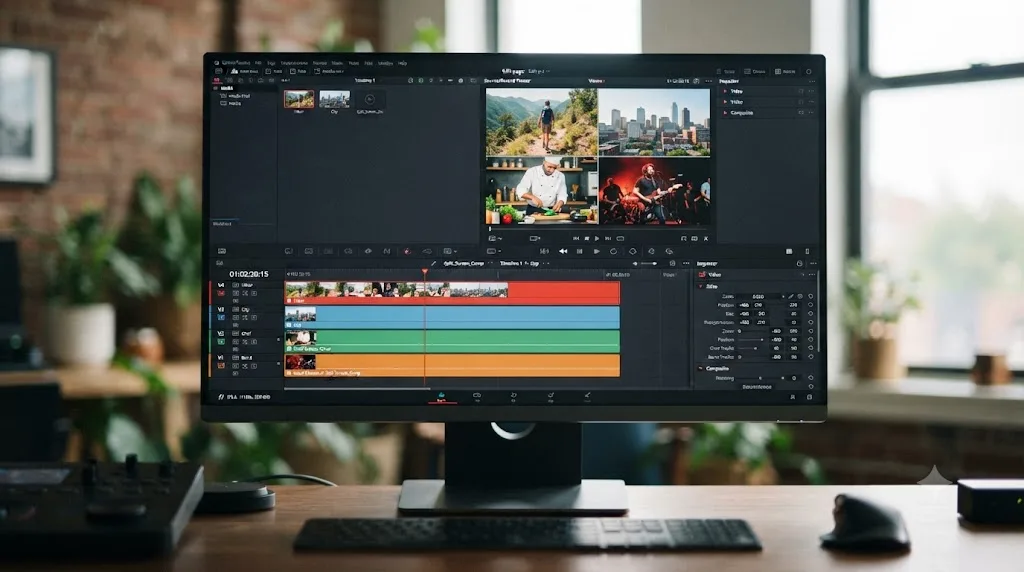 Illustration of a four-way split screen video layout being assembled in DaVinci Resolve
