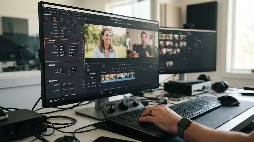 Illustration of the Transform panel being used to build a two-way split screen in DaVinci Resolve