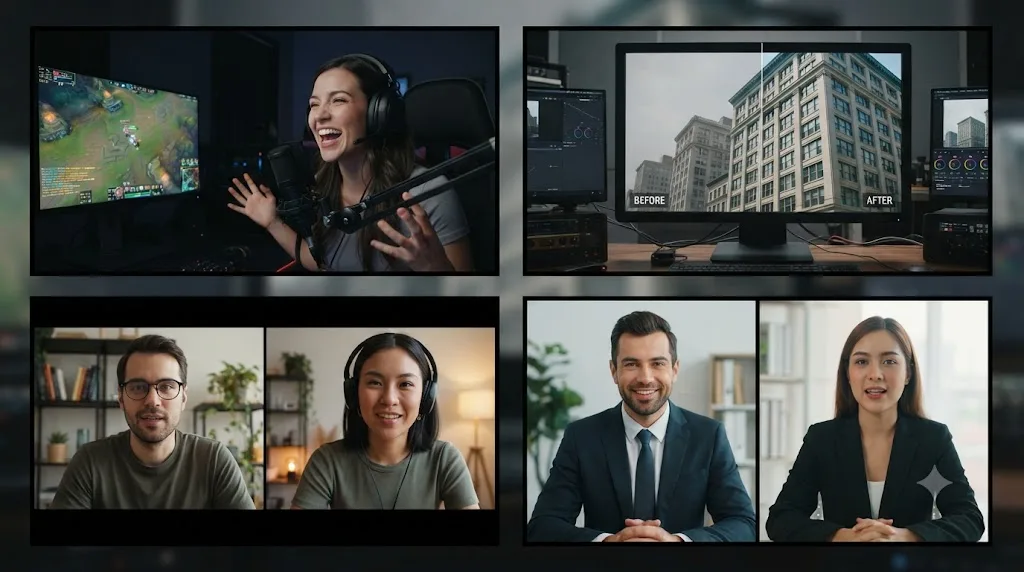 Illustration of four common split screen use cases in video editing