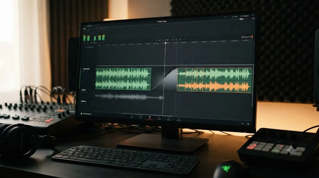 Illustration of an audio crossfade added at a freeze frame edit point in DaVinci Resolve