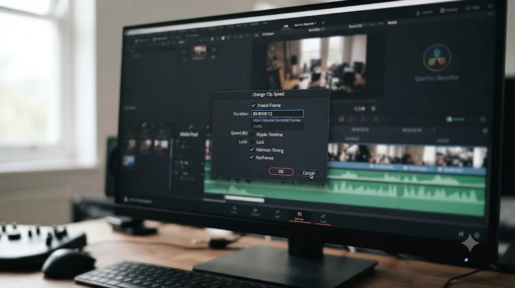 Illustration of the Change Clip Speed dialog with the Freeze Frame option selected in DaVinci Resolve