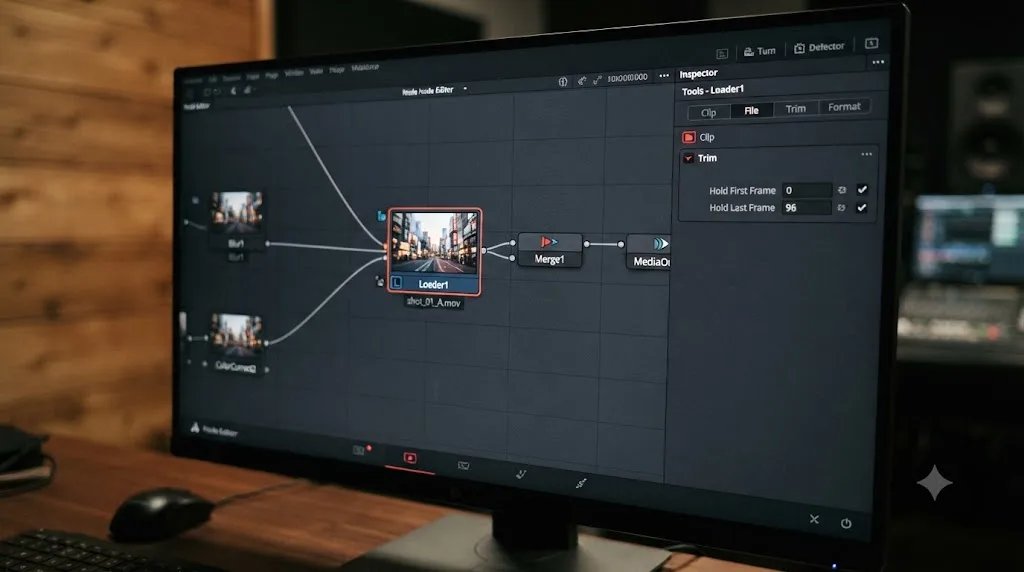 Illustration of a Fusion Loader node with hold frame controls in DaVinci Resolve
