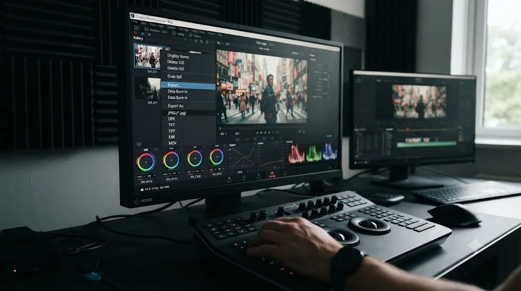 Illustration of exporting a grabbed still frame from the DaVinci Resolve Color page gallery