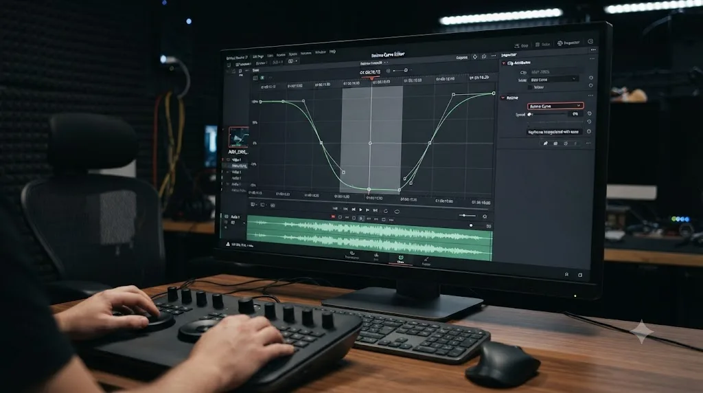 Illustration of the DaVinci Resolve 21 retime curve editor with Bezier speed ramp handles
