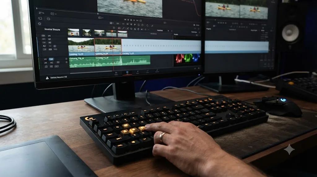 Illustration of the Shift and R keyboard shortcut freezing an entire clip in DaVinci Resolve