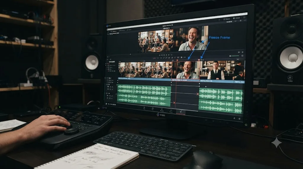 Illustration of a worked freeze frame example on a comedic sketch timeline in DaVinci Resolve