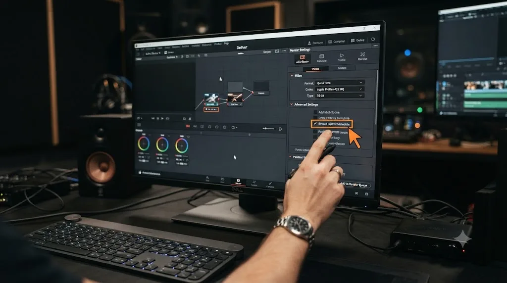 Illustration of the DaVinci Resolve Deliver page with a 10-bit HDR codec selected and HDR10 metadata embedding enabled
