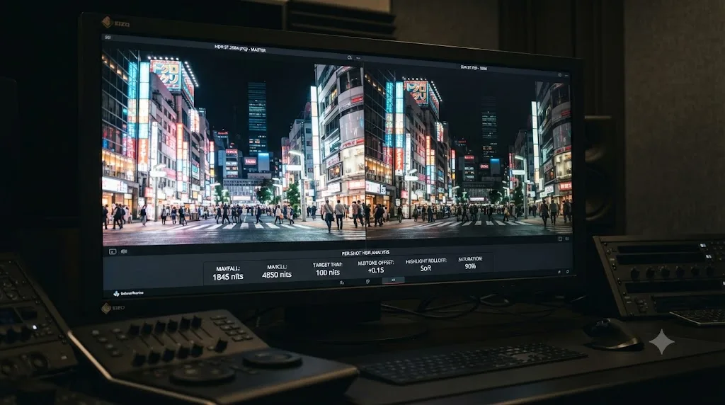 Illustration of an HDR frame being tone-mapped into an SDR trim using per-shot metadata analysis in DaVinci Resolve