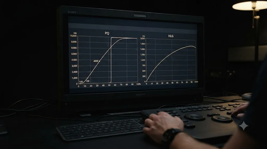 Illustration comparing the PQ and HLG transfer curves used for HDR grading in DaVinci Resolve
