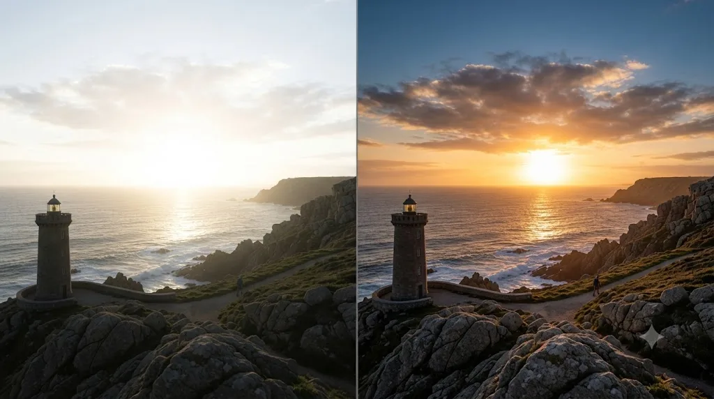 Illustration comparing an SDR Rec.709 grade against an HDR PQ grade of the same frame, showing extended highlight detail in the HDR version