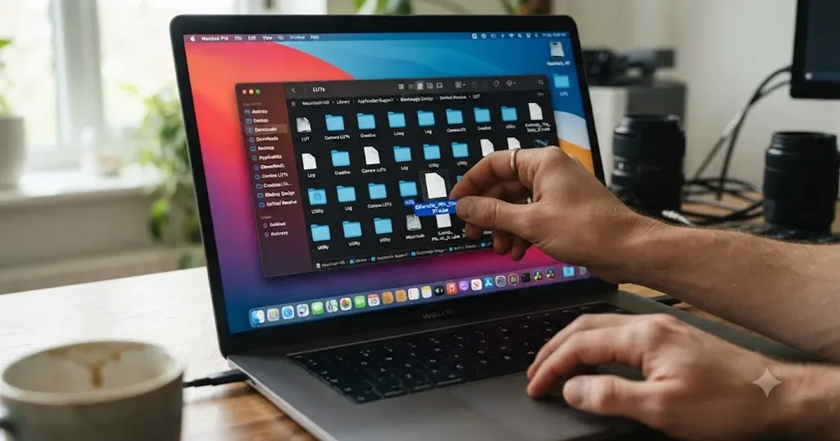 Illustration of a LUT file being dragged into DaVinci Resolve's LUT folder