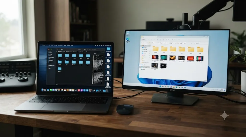 Illustration of the DaVinci Resolve LUT folder open on Mac and Windows side by side