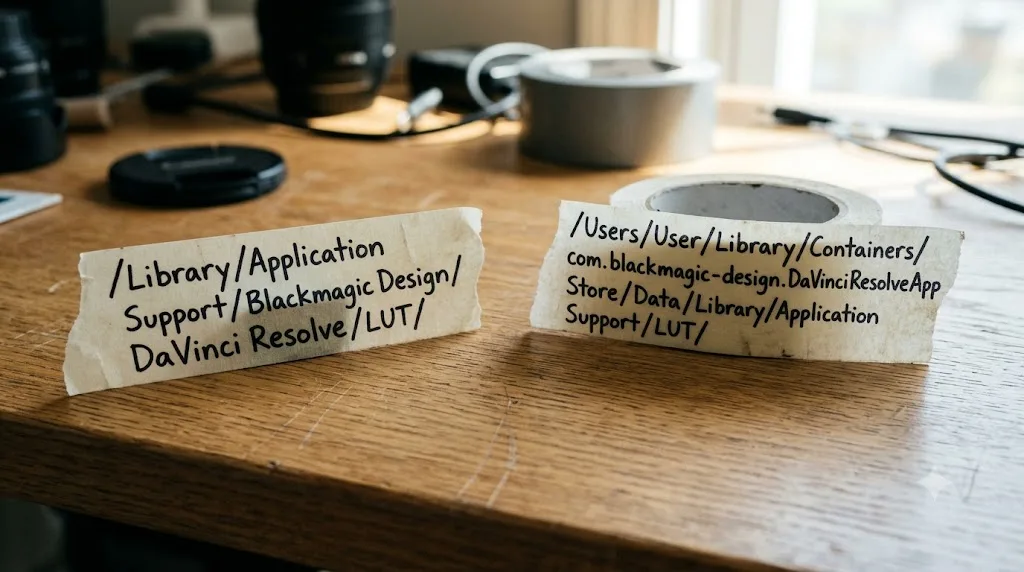 Illustration of the sandboxed LUT folder path used by the Mac App Store version of DaVinci Resolve