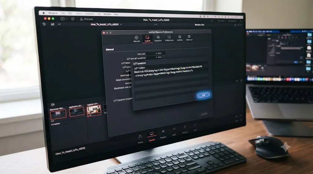 Illustration of adding a custom LUT folder location in DaVinci Resolve's Preferences