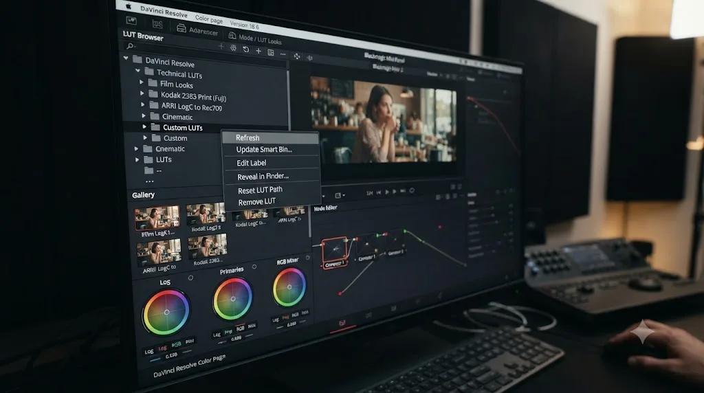 Illustration of refreshing the LUT Browser panel in DaVinci Resolve's Color page