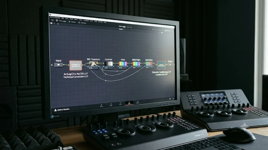 Illustration of a technical LUT placed early and a creative LUT placed at the end of a DaVinci Resolve node chain