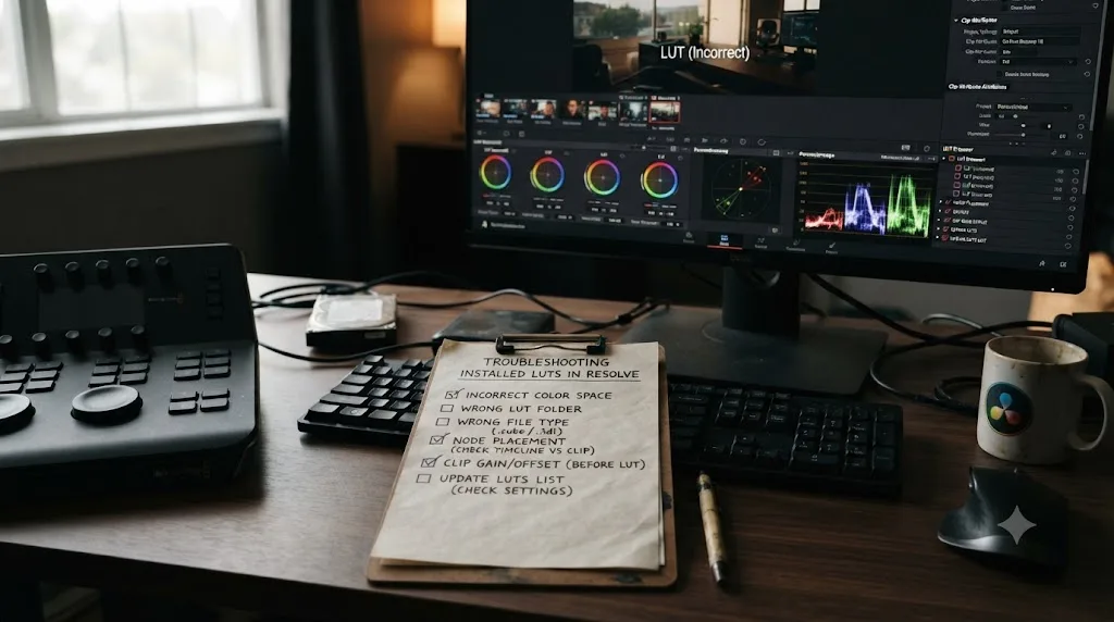 Illustration of a troubleshooting checklist for LUTs that look wrong after installation in DaVinci Resolve