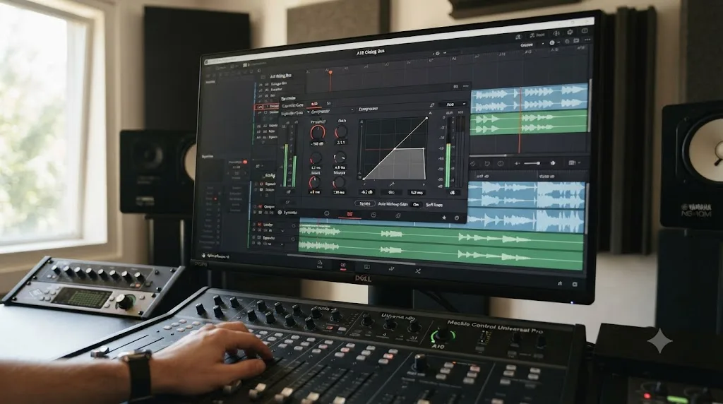 Illustration of the DaVinci Resolve Fairlight Dynamics window with Compressor controls set for dialogue