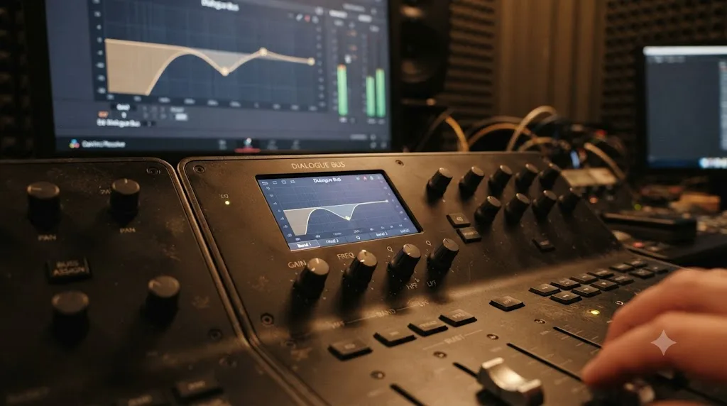 Illustration of the DaVinci Resolve Fairlight 6-band EQ applied to a dialogue bus with a high-pass filter and a midrange cut
