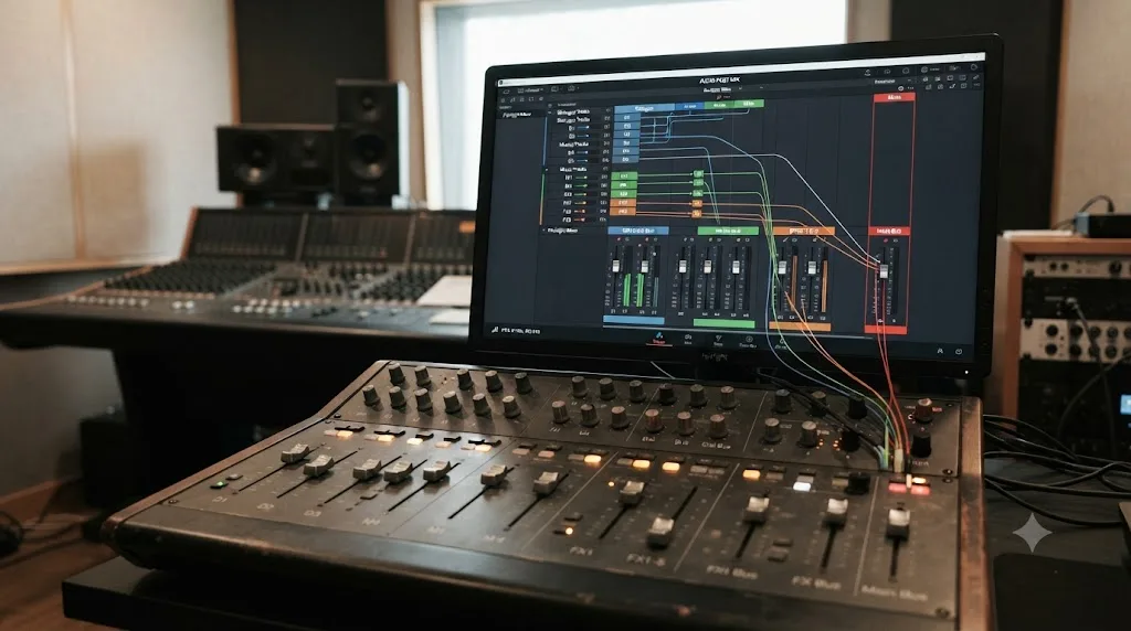 Illustration of a Dialogue, Music, and Effects bus structure routing into a Main bus in DaVinci Resolve Fairlight