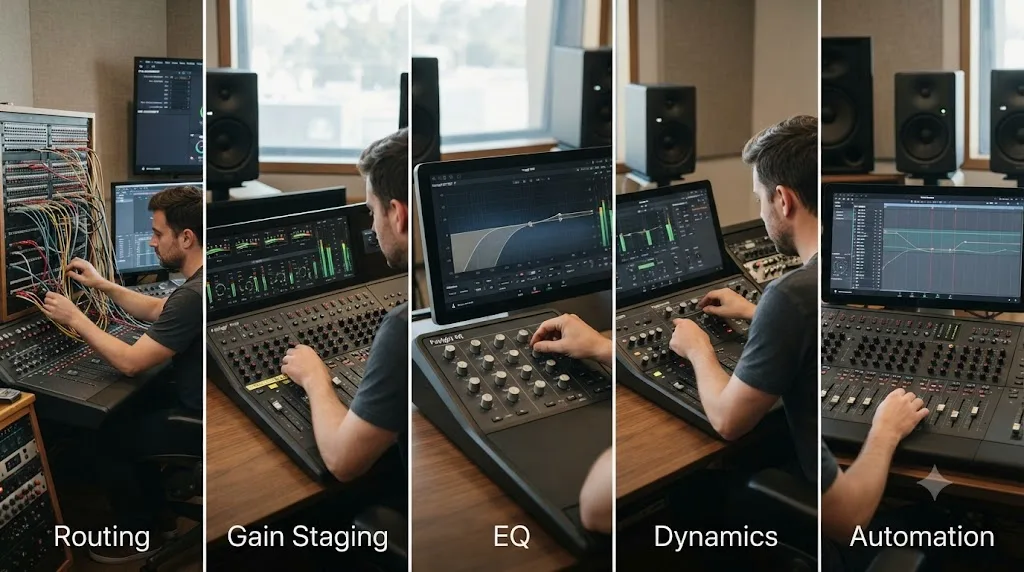 Illustration of five separate stages of an audio mix: routing, gain staging, EQ, dynamics, and automation