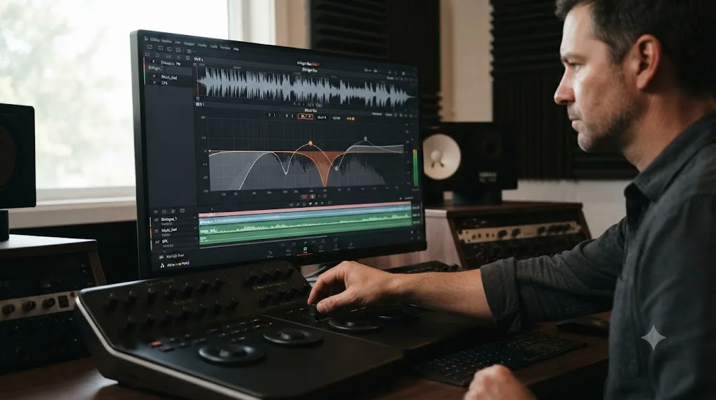 Illustration of EQ carving on a DaVinci Resolve Fairlight music bus, finding and cutting a frequency that conflicts with dialogue
