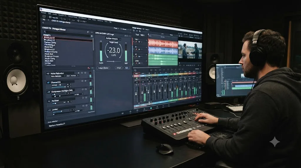 Illustration of the DaVinci Resolve 21 Fairlight Chain FX preset panel alongside the Level Matcher tool