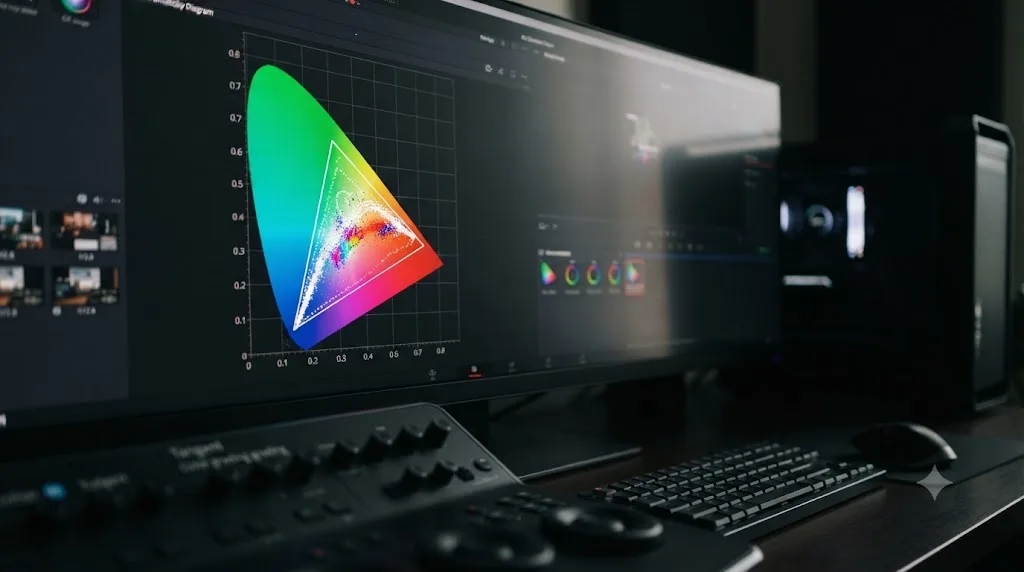 Illustration of the CIE Chromaticity scope showing colors plotted against a gamut triangle in DaVinci Resolve