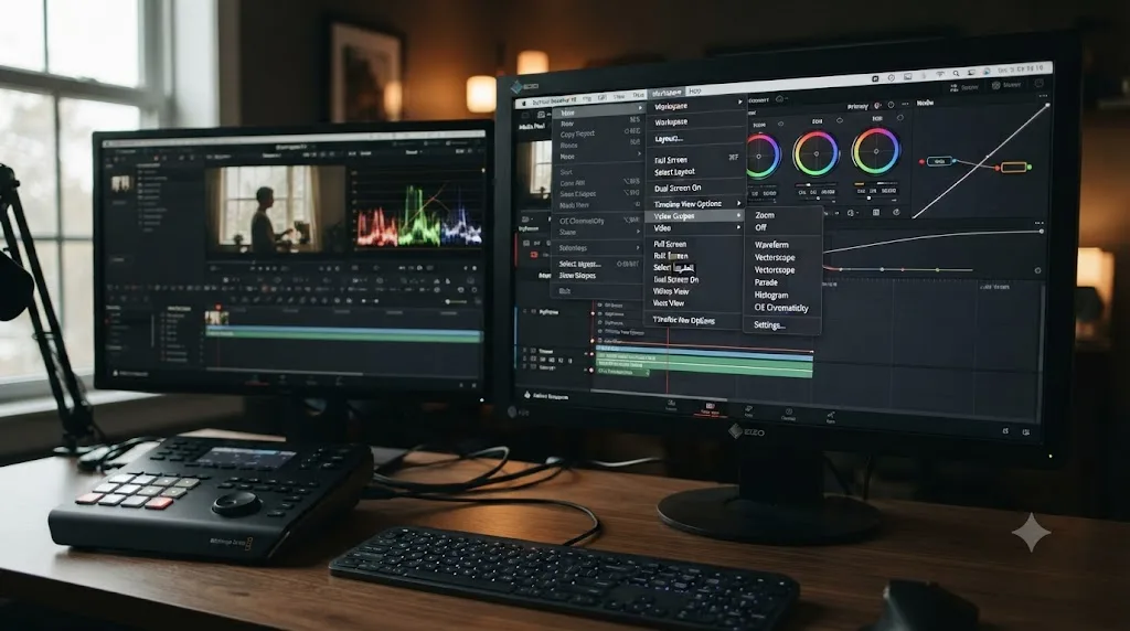 Illustration of the video scopes menu being opened in DaVinci Resolve's Workspace menu
