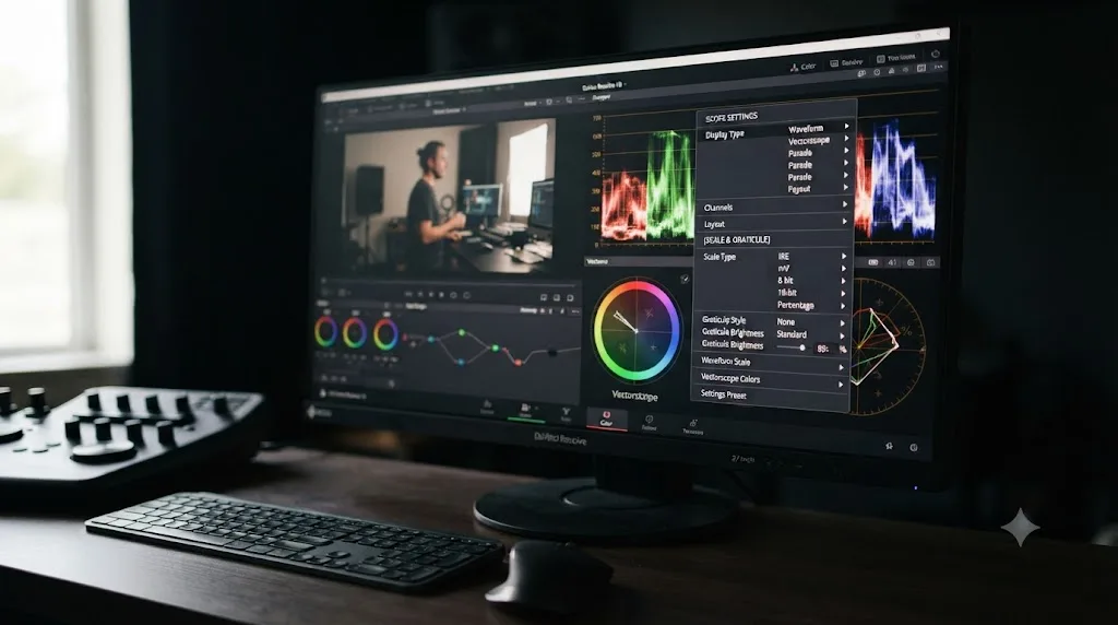Illustration of a scope settings menu showing scale and graticule customization options in DaVinci Resolve