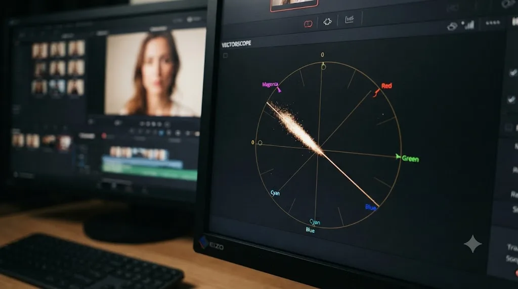 Illustration of the skin tone indicator line on the vectorscope in DaVinci Resolve